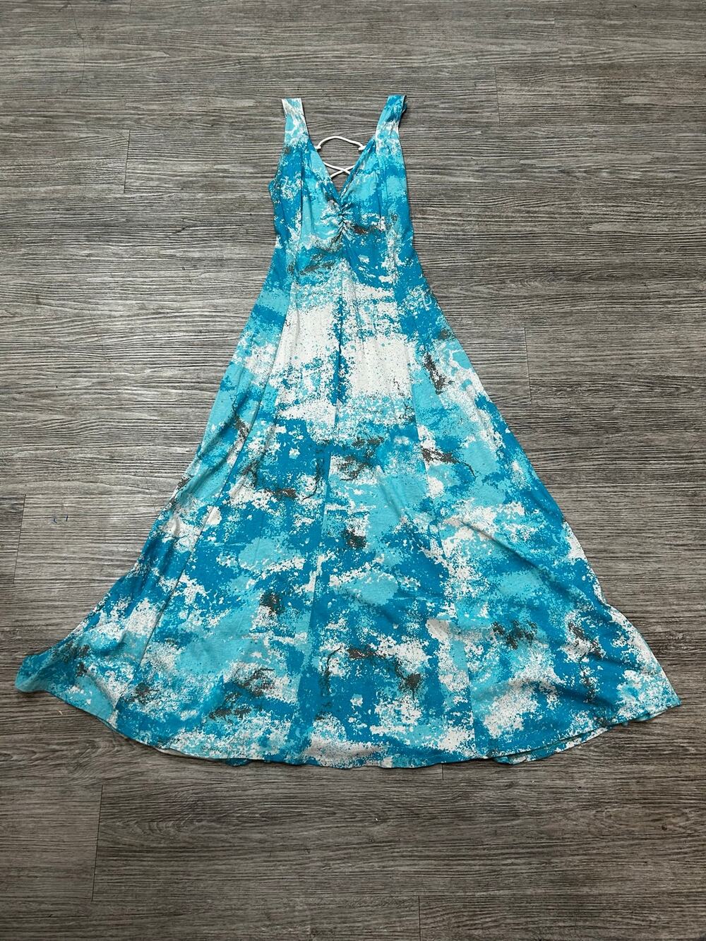 Vintage Y2K Illusions Blue Ocean Abstract Tie Dye Lace Up Back Dress Small USA